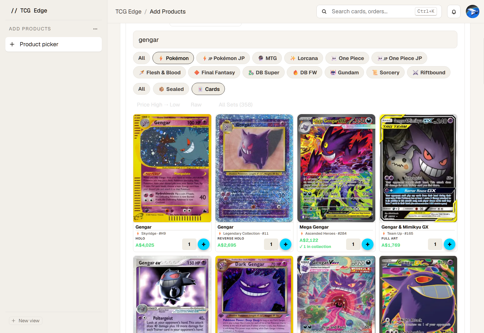 Product catalog — search across 126K cards and 7K sealed products